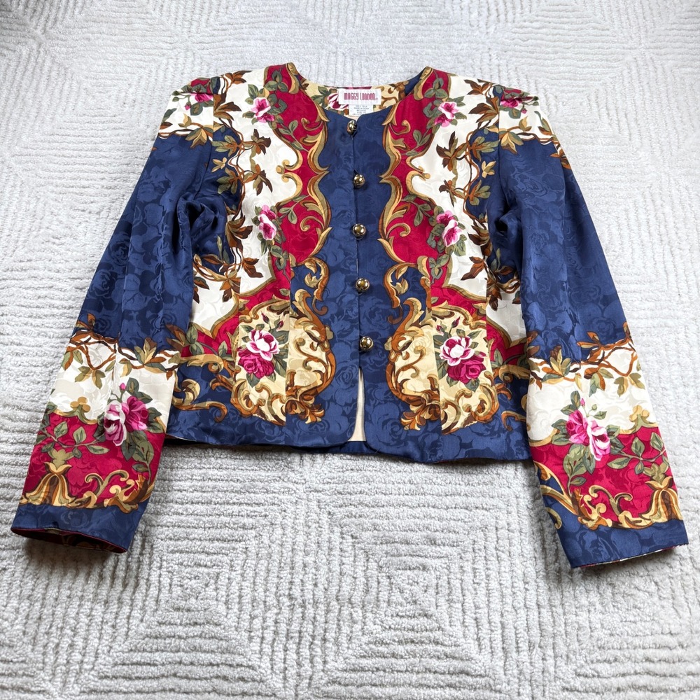 Maggy London Silk Blazer Women's 14 Baroque Floral Vintage 90s Jacket Regency